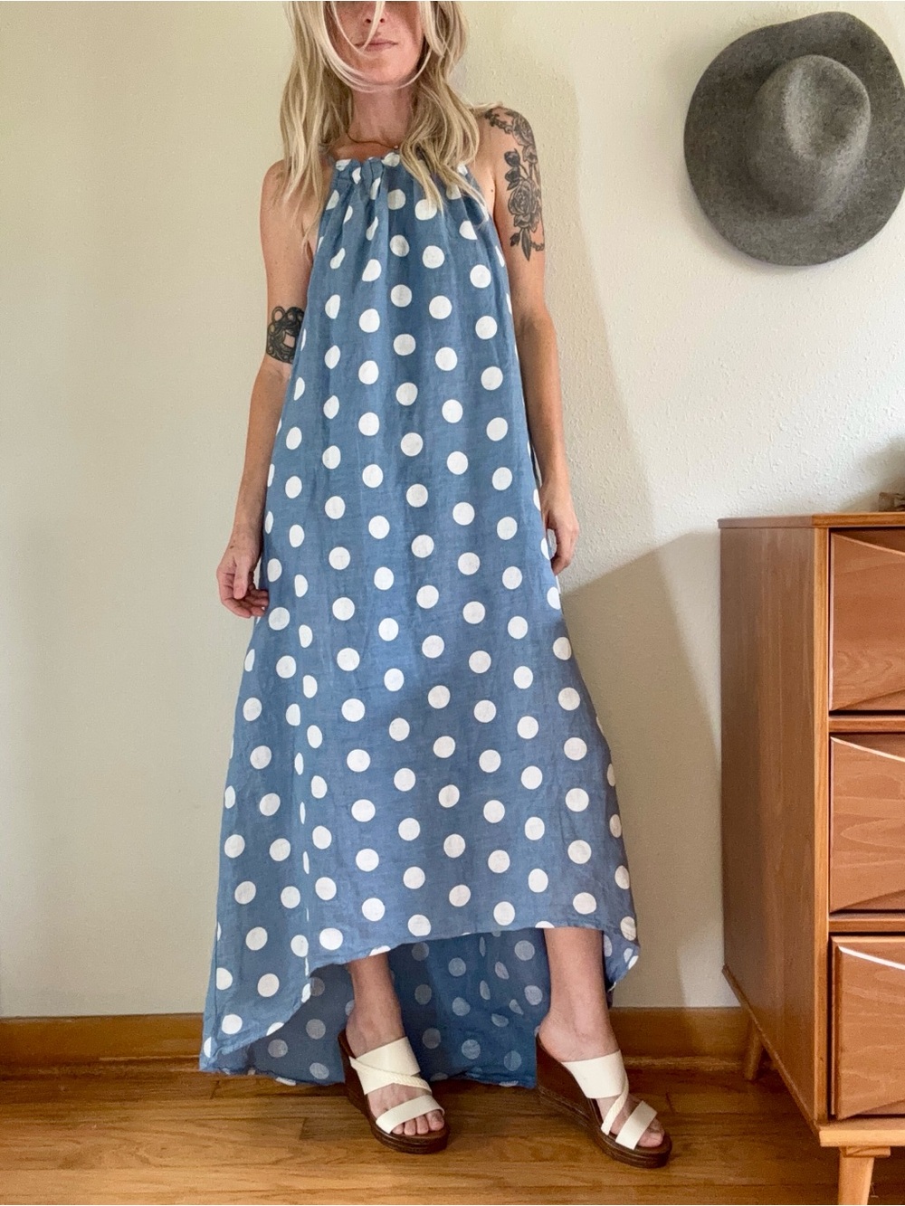 Made In Italy Linen Polka Dot Halter Maxi Dress O/S Blue Hi-Low Coastal Euro